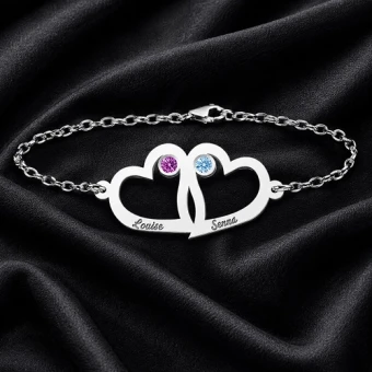 Armband met dubbel hart, geboortestenen en naamgravure