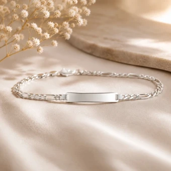 Massief 925 zilveren armband met plaat en Figaroschakel met gravure