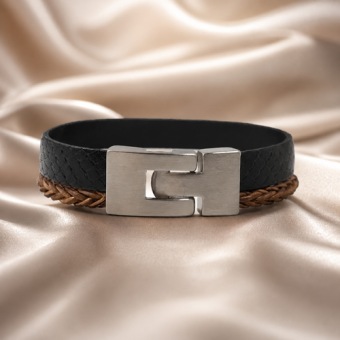 Leren asarmband zwart bruin met matte RVS sluiting