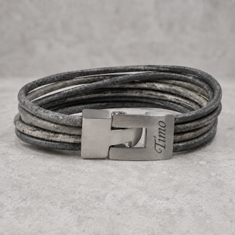 Vintage grey leren asarmband met matte RVS sluiting en askamer