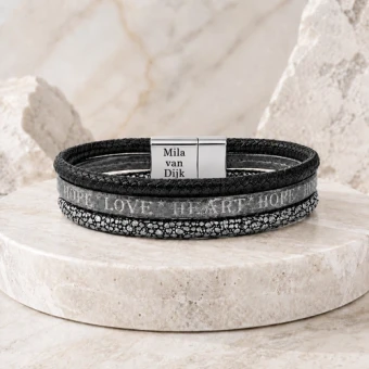 B&L leren armband met Buddha sluiting en gravure