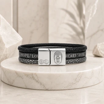 B&L leren armband met Buddha sluiting en gravure