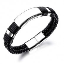 Dubbele strak gevlochten leren armband met graveerplaat