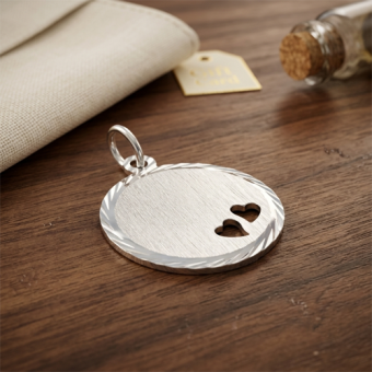 Ronde zilveren hanger met twee hartjes en gravure