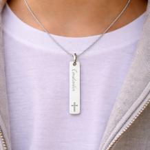 Gepersonaliseerde Zilveren Communie Bar Hanger met Kruis draagfoto