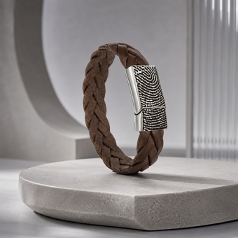 Gevlochten leren armband met vingerafdruk in stalen slot