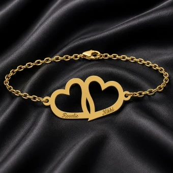 14 karaat gouden armband met dubbel hart en naamgravure