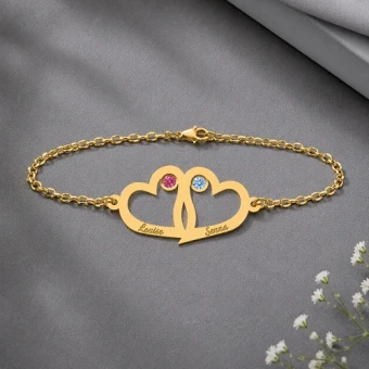 Gouden armband met dubbel hart en geboortestenen