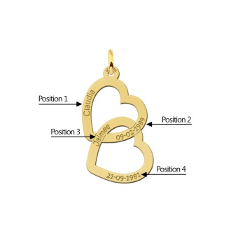 Gouden hanger twee harten met namen graveren