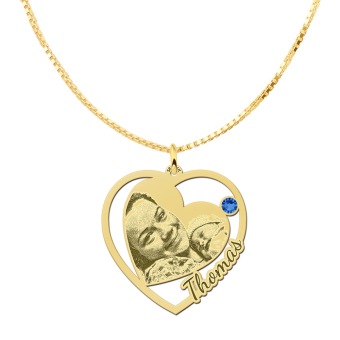 Gouden hart hanger met foto en geboortestenen en naam graveren