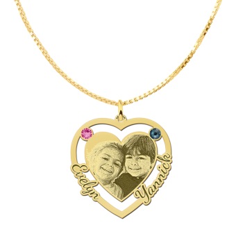 Gouden hart hanger met foto en geboortestenen