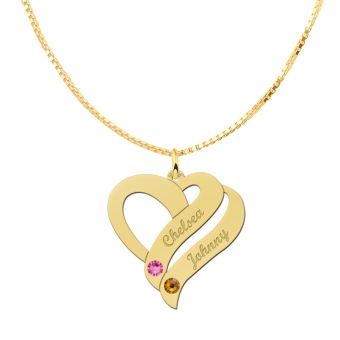 Gouden hart ketting hanger met twee namen en geboortestenen