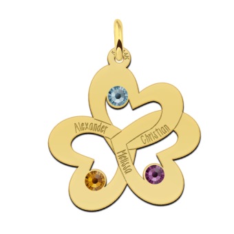 Ketting hanger drie harten verbonden met geboortestenen en namen