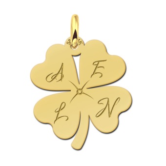 Gouden klavertje vier hanger met letters graveren