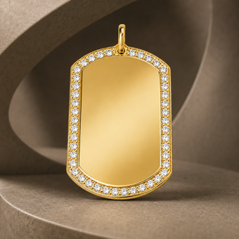 Goudkleurige ID hanger met siersteentjes en gravure