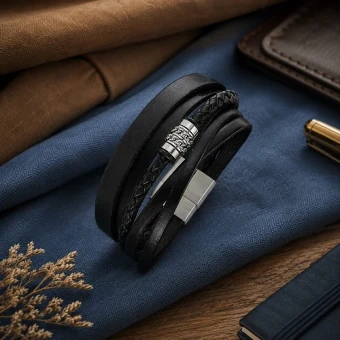 Leo Marco zwarte leren armband met gravure