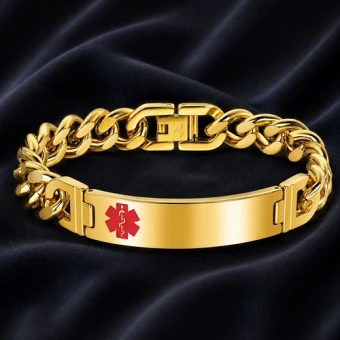 Goudkleurige RVS SOS schakelarmband met plaat en gravure