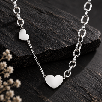Zilverkleurige RVS schakelketting met twee harten en persoonlijke gravure