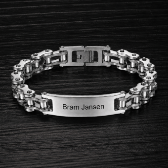 RVS schakelarmband met fietskettinglook en graveerplaat