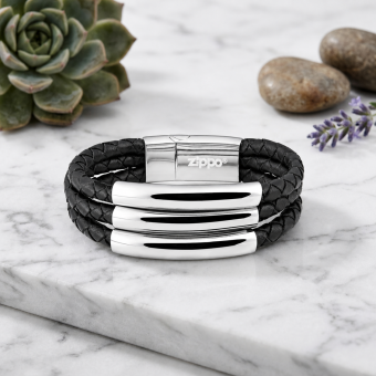 Zippo zwarte leren armband met 3 gevlochten banden en gravure