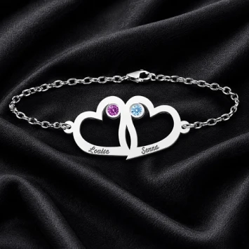 Armband met dubbel hart, geboortestenen en naamgravure