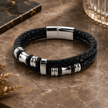 Armband leder met RVS accenten