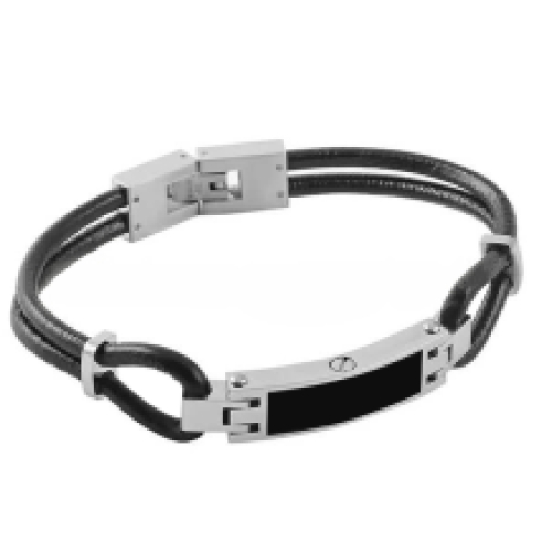 As armband met 2 smalle ronde leren bandjes met RVS plaat