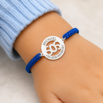 Blauw SOS kinderarmbandje met naam en telefoonnummer