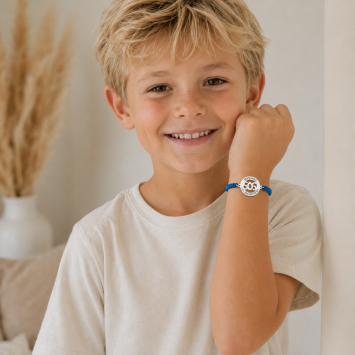 Blauw SOS kinderarmbandje met naam en telefoonnummer