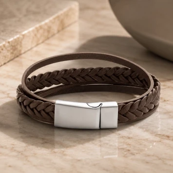 Bruin leren armband dubbel gevlochten