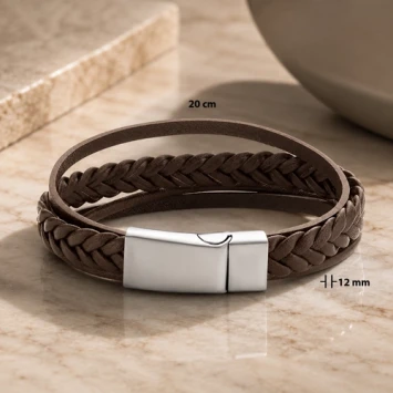 Bruin leren armband dubbel gevlochten