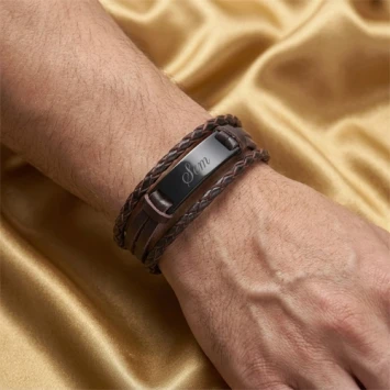 Bruin leren armband met 4 banden en plaat