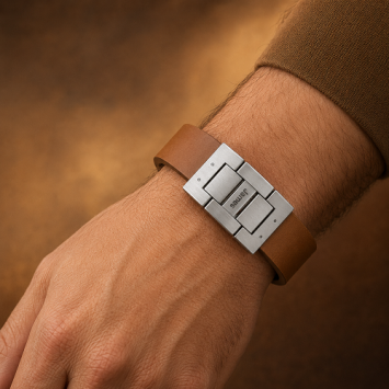 Bruin leren Dacaya Rock Edge armband met gegraveerde vingerafdruk