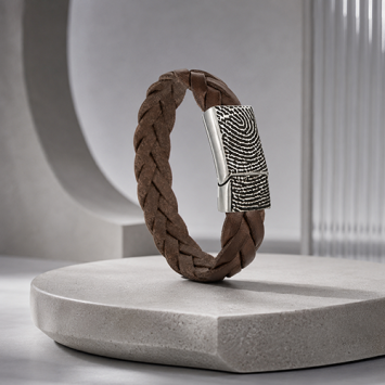 Gevlochten leren armband met vingerafdruk in stalen slot