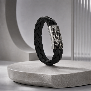 Gevlochten leren armband met vingerafdruk met edelstalen sluiting