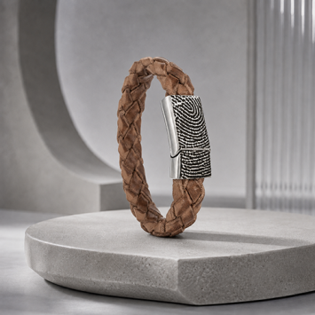 Gevlochten leren armband met vingerafdruk met edelstalen sluiting