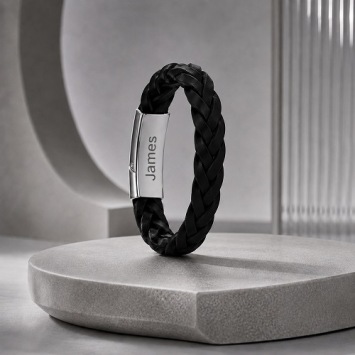 Gevlochten leren armband met vingerafdruk met edelstalen sluiting