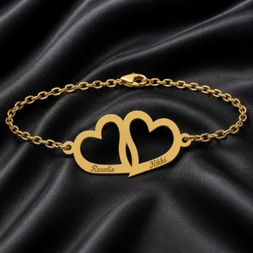 14 karaat gouden armband met dubbel hart en naamgravure
