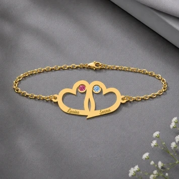 Gouden armband met dubbel hart en geboortestenen