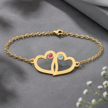 Gouden Armband met dubbel hart en geboortestenen