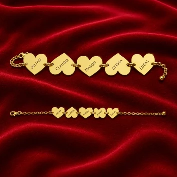 Gouden armband vijf hartjes met naam Names4ever