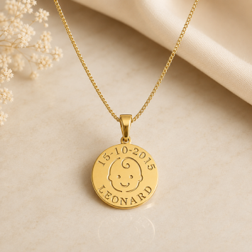 14K gouden babyhanger krul met naam en datum