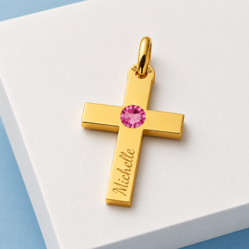 Gouden communie kruis hanger met geboortesteen en naamgravure