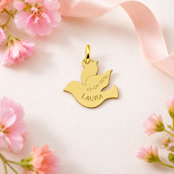 Gouden duif hanger met naam en datum communie cadeau