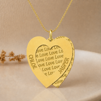 Gouden familiehanger hart met 2 namen en Love motief