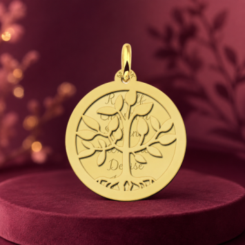 Gouden familiehanger met levensboom en twee schijven