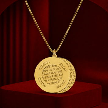 Gouden familiehanger met 4 namen en Love Faith Hope