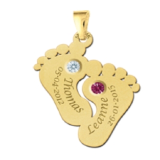 Gouden hanger voetjes met twee geboortestenen en datum Names4ever