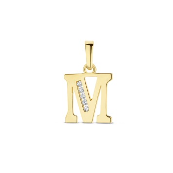 Gouden hanger letter M met zirkonia's