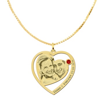Gouden hanger met foto hartje en geboortesteen